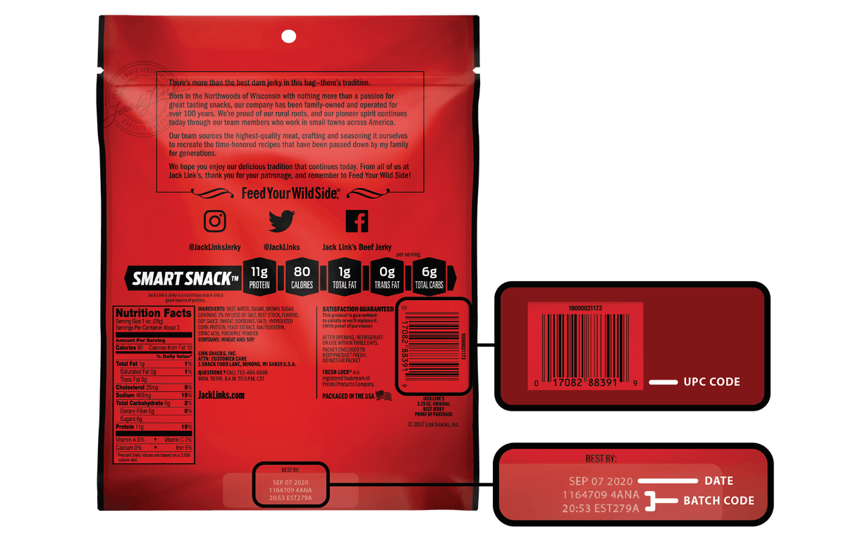 Diagram showing where to find the UPC code, best by date, and batch number on the back of the bag