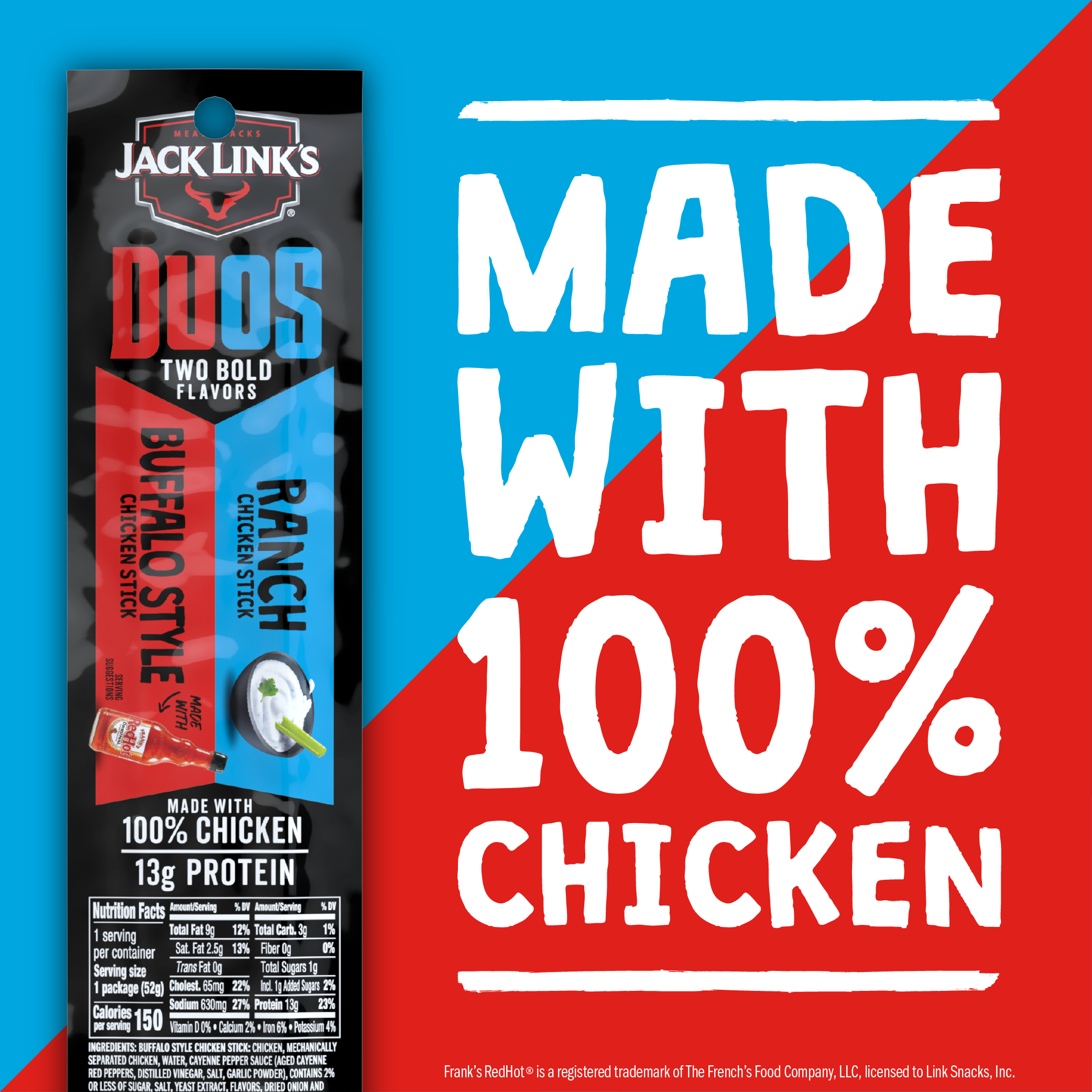 Jack Link's Duos Buffalo Style and Ranch Chicken Stick, 1.84 ounce