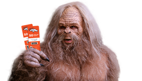 Sasquatch holding two Denver Broncos tickets