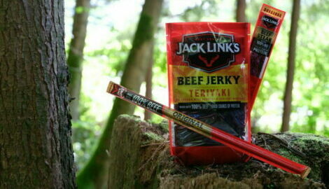 A beef stick, steak, and jerky sitting on a tree stump in the woods.