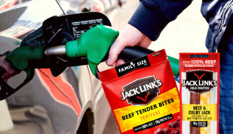 A bag of Teriyaki Beef Tender Bites and a Beef and Colby Jack meat and cheese combo featured in front of a man pumping gas at the pump.