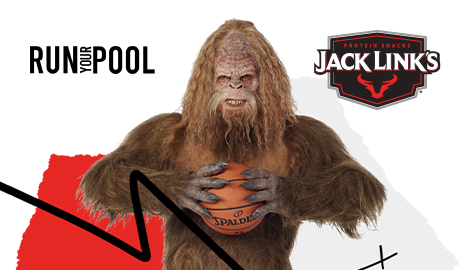 Sasquatch holding a basketball and showing his teeth. The Run Your Pool and Jack Link's bracket challenge is here!