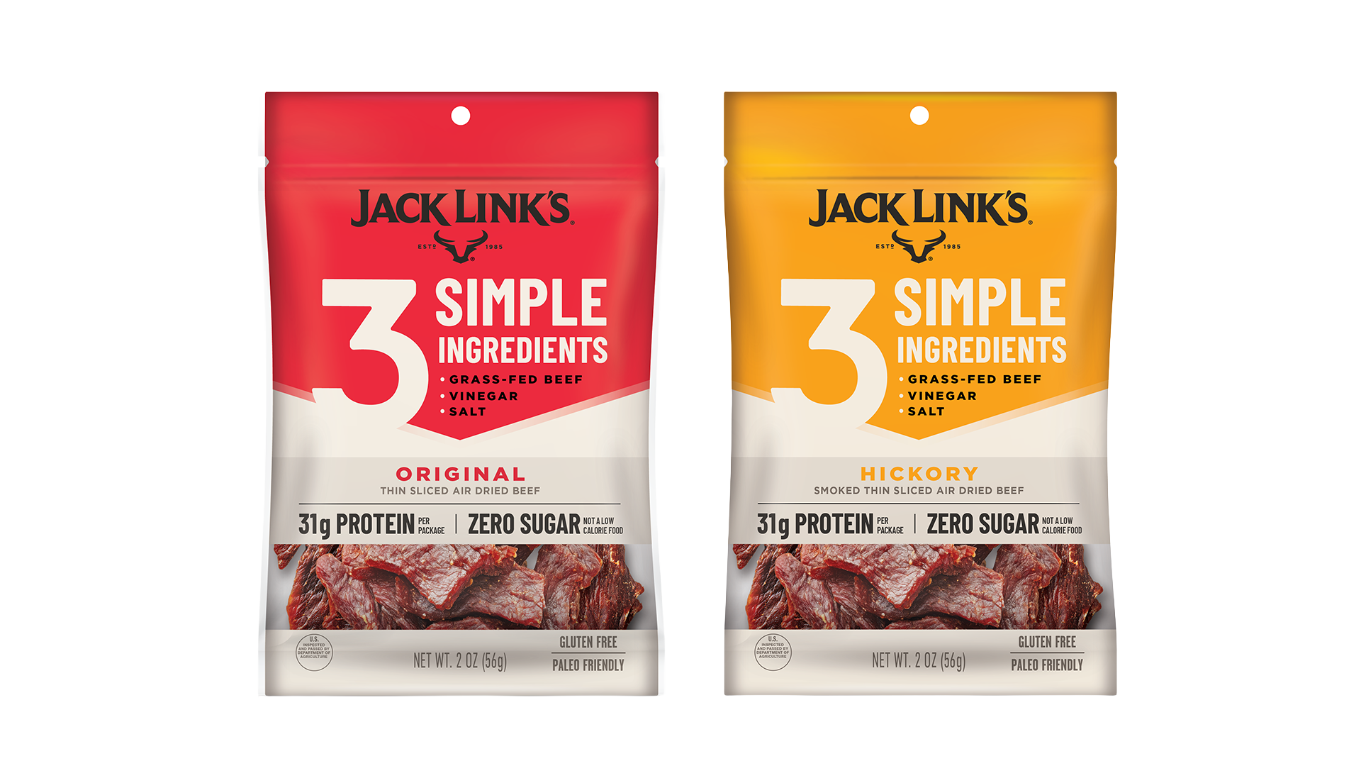 3 simple ingredient jerky bags in original and hickory flavors