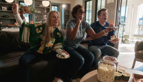 People wearing jerseys and cheering in a living room.