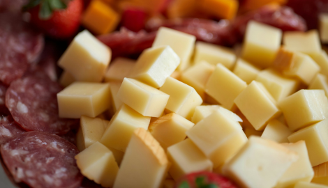 Close up of cheese cubes and salami.
